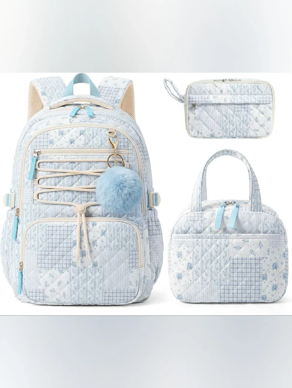 Quilted Backpack 3 Pc Set - Backpack, Insulated Lunch Box, & Pencil Case - NEW